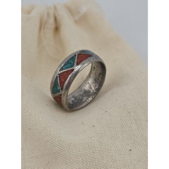 VINTAGE NATIVE AMERICAN STERLING SILVER INLAY TURQUOISE BAND RING SIZE 8 - Picture 1 of 14